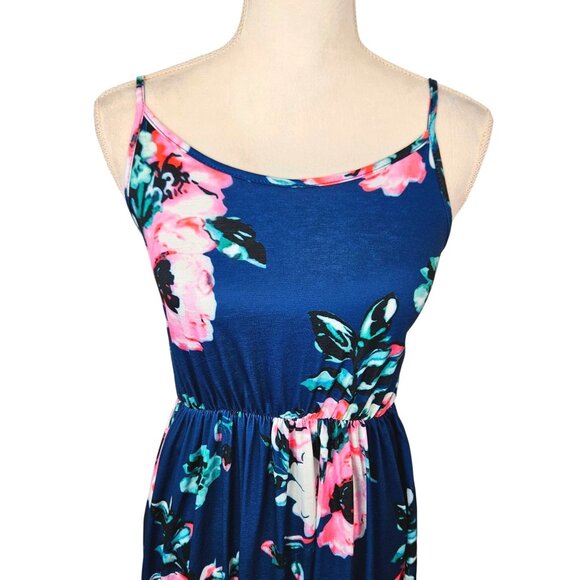 Womens Floral Boho Maxi Dress Adjustable Spaghetti Straps Navy Blue & Pink Small - Picture 6 of 12